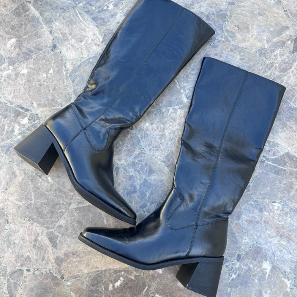 Knee High Square Toe Zip Up Boots Black - 6.5
